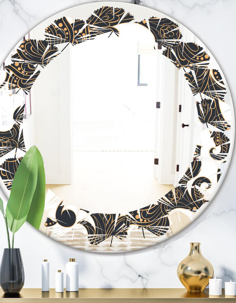 DesignQ Retro Indian Floral Batik I - Modern Round or Oval Wall Mirror - Leaves