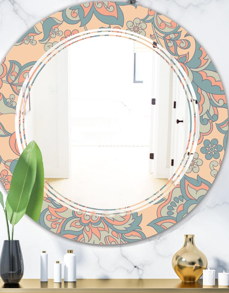 DesignQ Retro Indian Floral Batik II - Modern Round or Oval Wall Mirror - Triple C