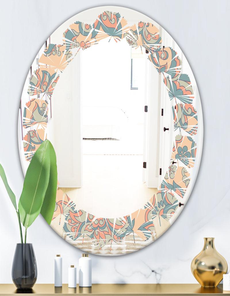DesignQ Retro Indian Floral Batik II - Modern Round Or Oval Wall Mirror - Leaves