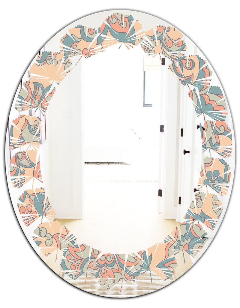 DesignQ Retro Indian Floral Batik II - Modern Round Or Oval Wall Mirror - Leaves