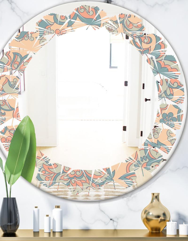 DesignQ Retro Indian Floral Batik II - Modern Round or Oval Wall Mirror - Leaves