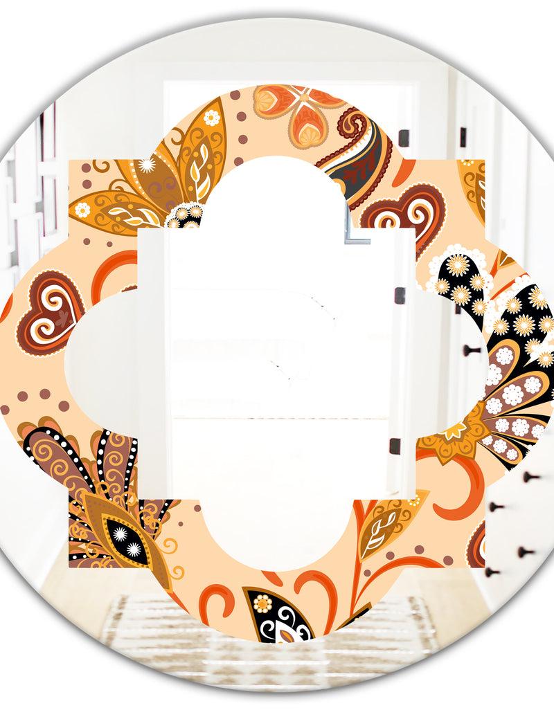 DesignQ Retro Indian Floral Batik III - Modern Round Or Oval Wall Mirror - Quatrefoil