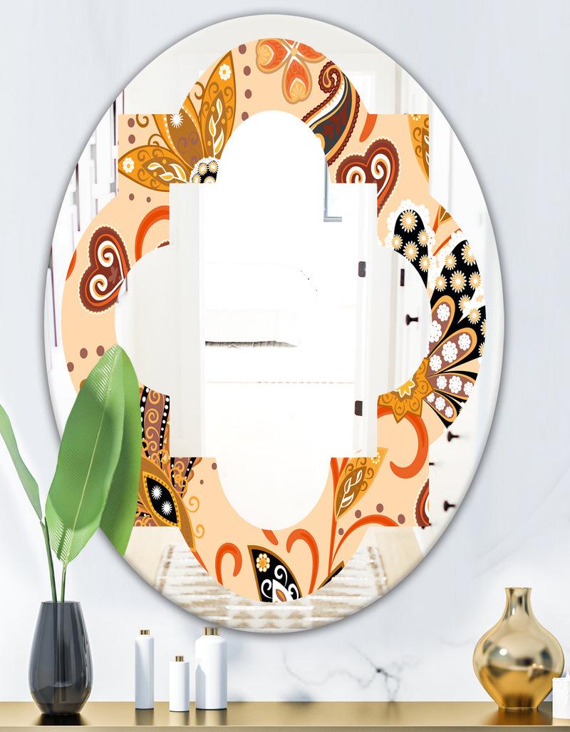 DesignQ Retro Indian Floral Batik III - Modern Round Or Oval Wall Mirror - Quatrefoil