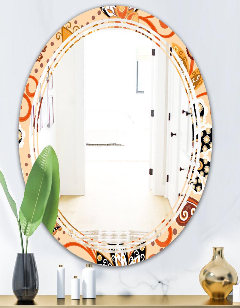 DesignQ Retro Indian Floral Batik III - Modern Round Or Oval Wall Mirror - Triple C