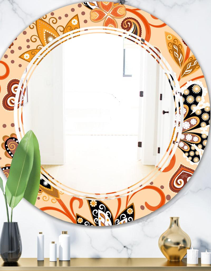 DesignQ Retro Indian Floral Batik III - Modern Round or Oval Wall Mirror - Triple C