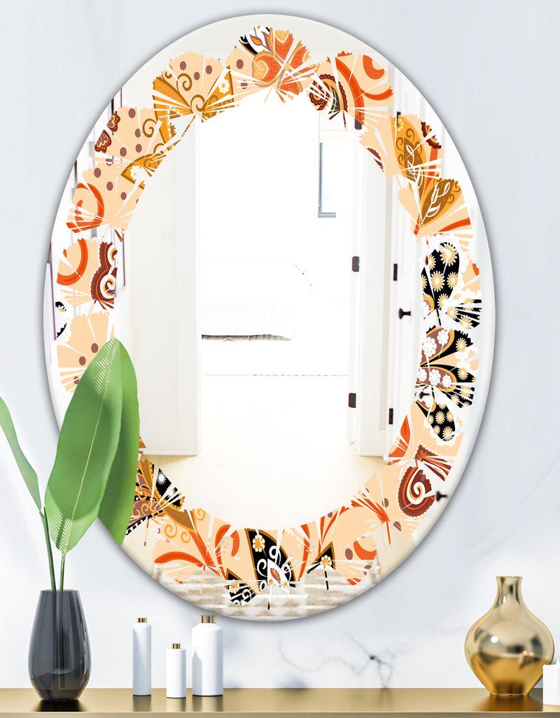 DesignQ Retro Indian Floral Batik III - Modern Round Or Oval Wall Mirror - Leaves