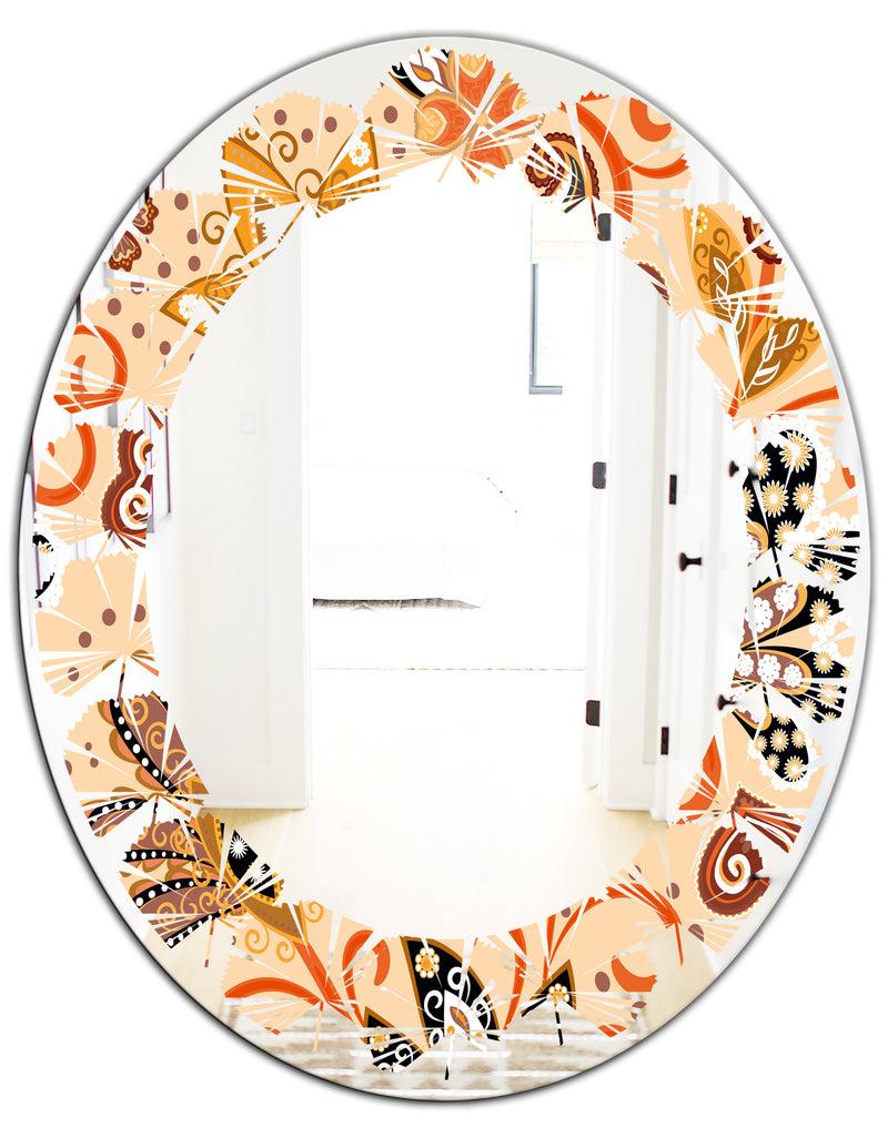 DesignQ Retro Indian Floral Batik III - Modern Round Or Oval Wall Mirror - Leaves