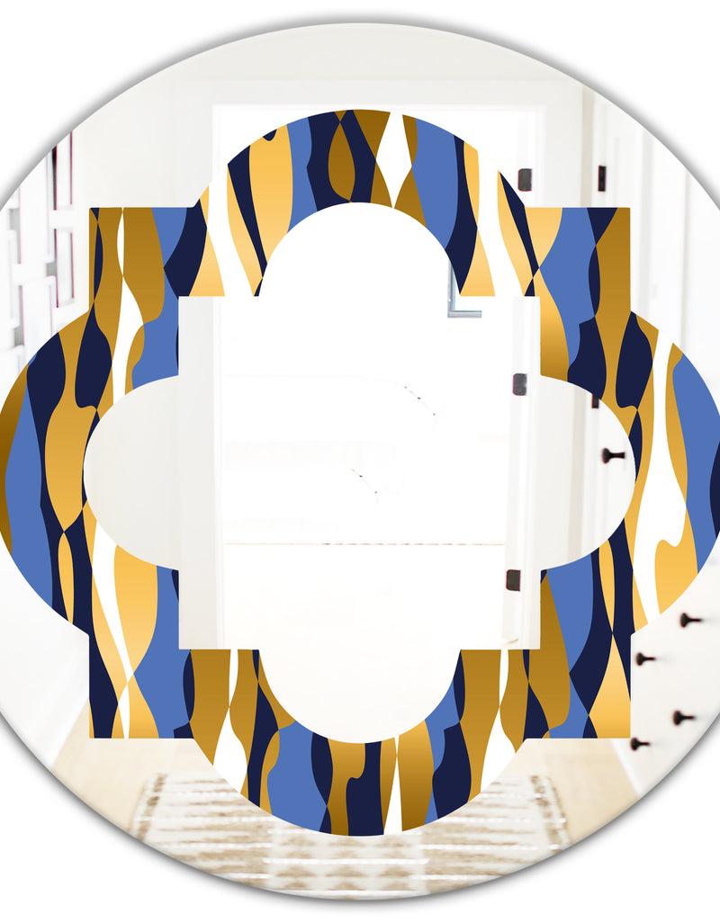 DesignQ Retro Luxury Waves In Gold And Blue I - Modern Round Or Oval Wall Mirror - Quatrefoil