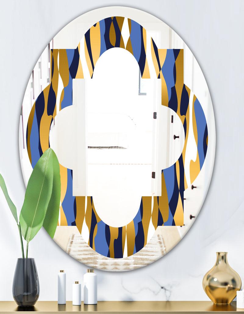 DesignQ Retro Luxury Waves In Gold And Blue I - Modern Round Or Oval Wall Mirror - Quatrefoil