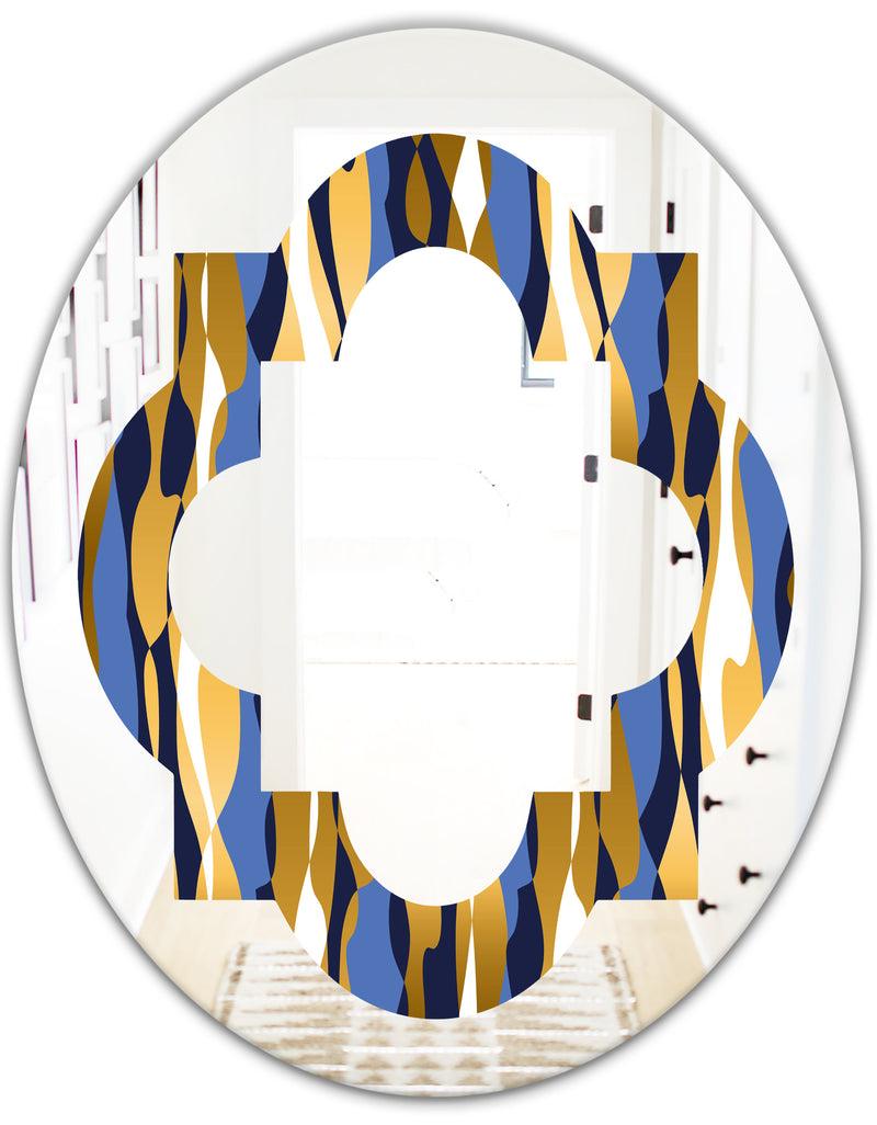 DesignQ Retro Luxury Waves In Gold And Blue I - Modern Round Or Oval Wall Mirror - Quatrefoil