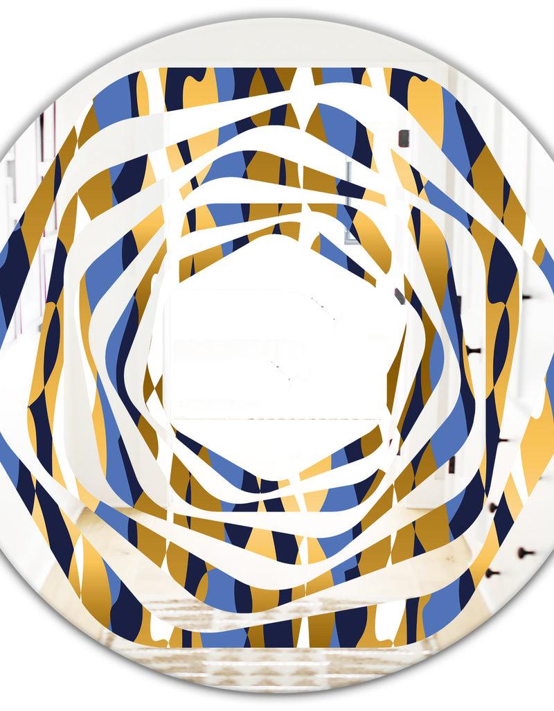 DesignQ Retro Luxury Waves In Gold And Blue I - Modern Round Or Oval Wall Mirror - Whirl