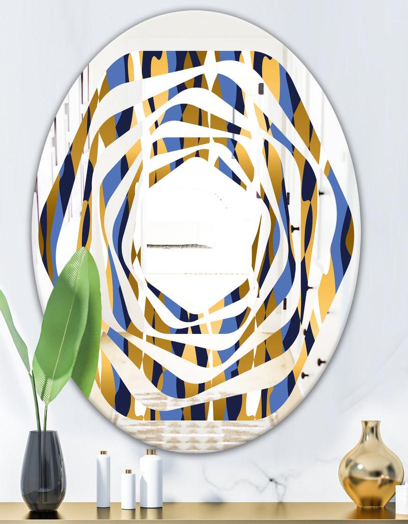 DesignQ Retro Luxury Waves In Gold And Blue I - Modern Round Or Oval Wall Mirror - Whirl