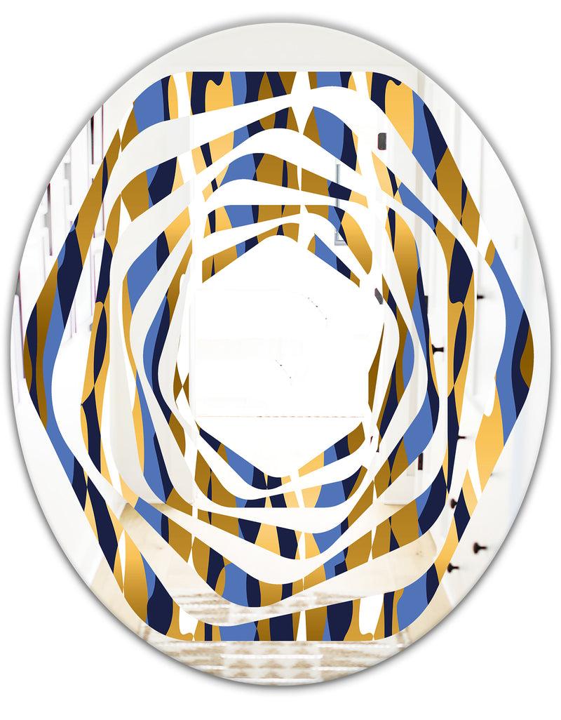 DesignQ Retro Luxury Waves In Gold And Blue I - Modern Round Or Oval Wall Mirror - Whirl