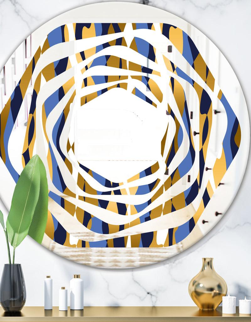 DesignQ Retro Luxury Waves In Gold and Blue I - Modern Round or Oval Wall Mirror - Whirl