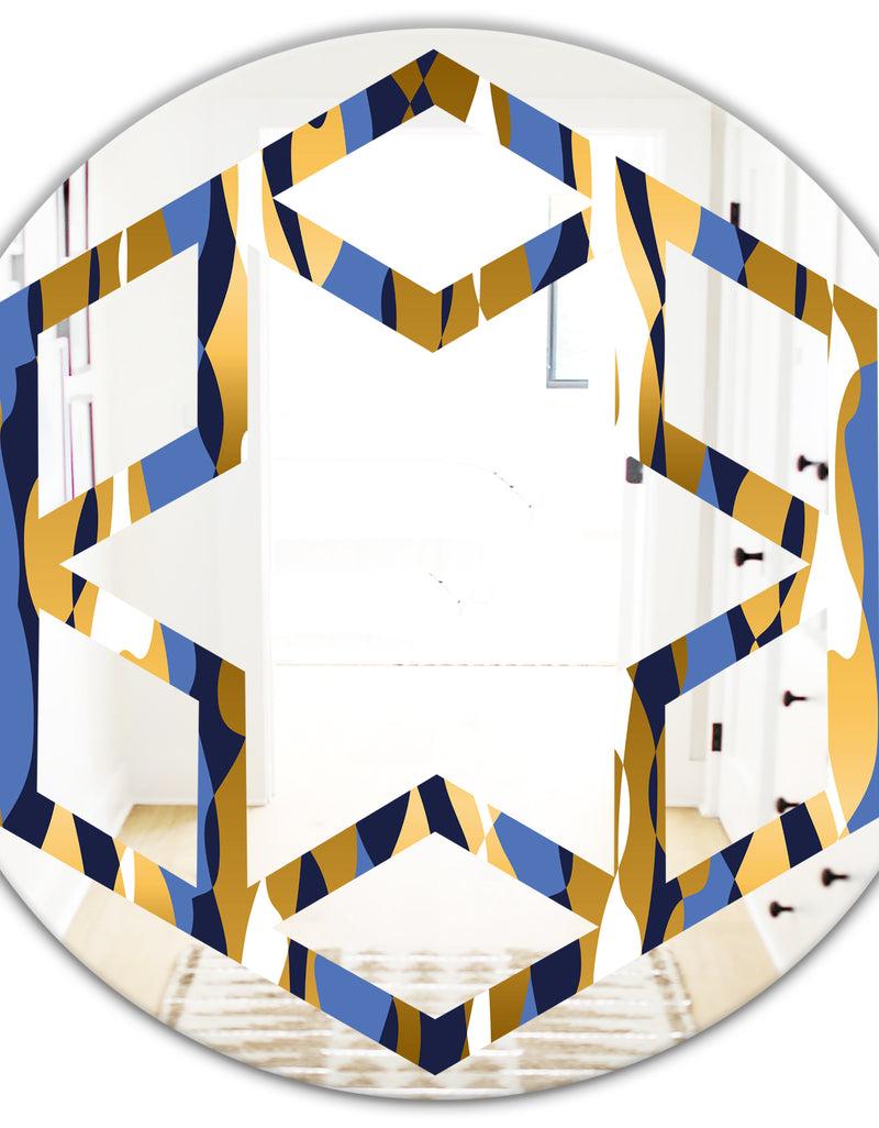 DesignQ Retro Luxury Waves In Gold And Blue I - Modern Round Or Oval Wall Mirror - Hexagon Star