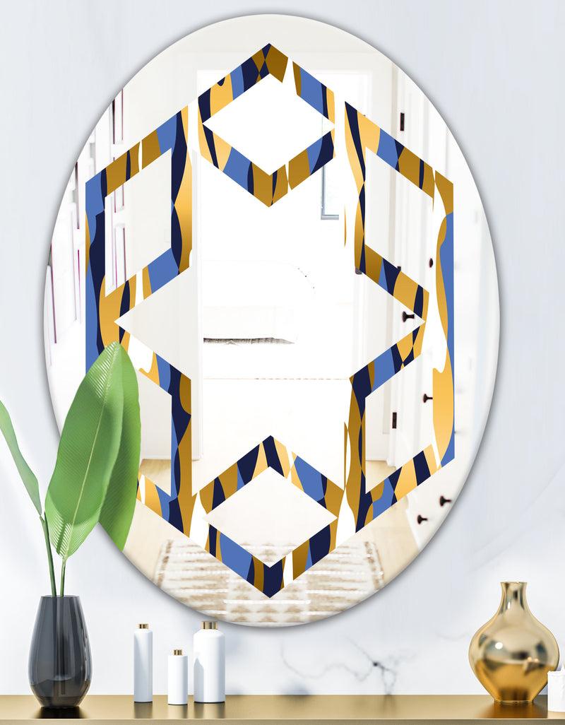 DesignQ Retro Luxury Waves In Gold And Blue I - Modern Round Or Oval Wall Mirror - Hexagon Star