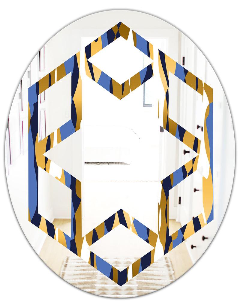DesignQ Retro Luxury Waves In Gold And Blue I - Modern Round Or Oval Wall Mirror - Hexagon Star