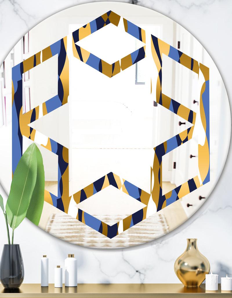 DesignQ Retro Luxury Waves In Gold and Blue I - Modern Round or Oval Wall Mirror - Hexagon Star