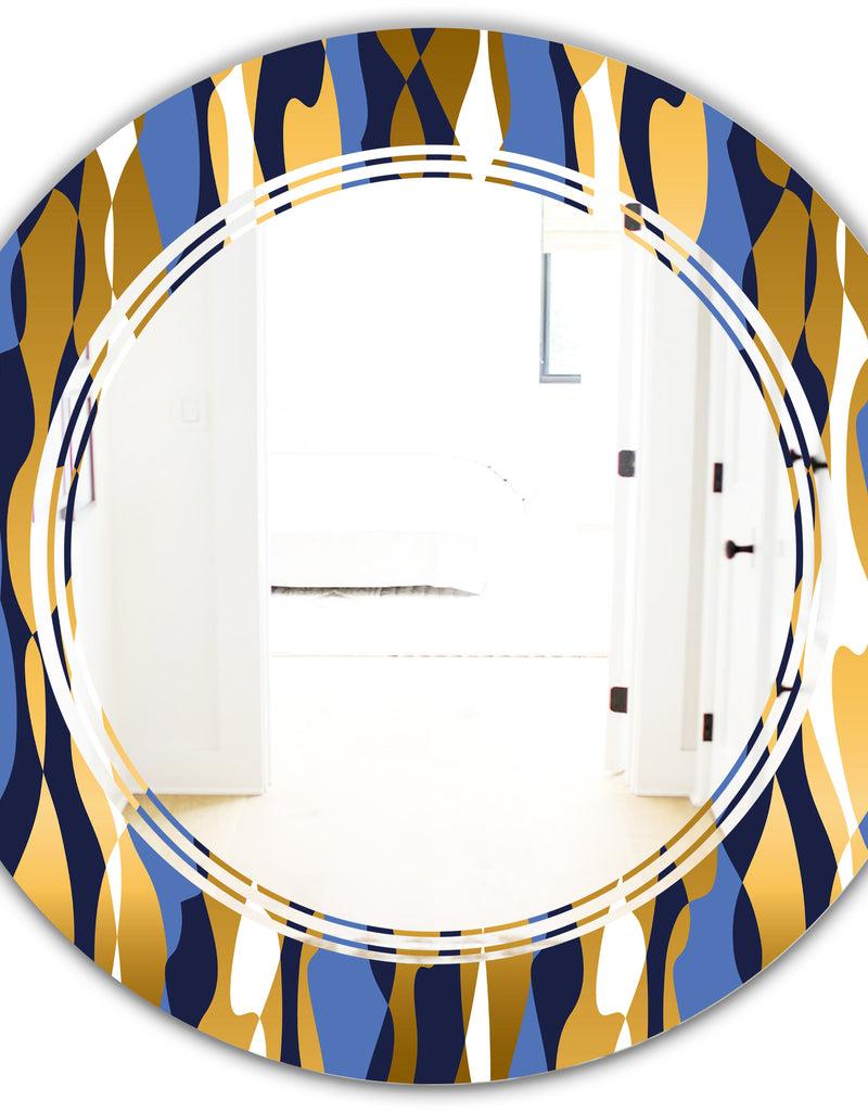 DesignQ Retro Luxury Waves In Gold And Blue I - Modern Round Or Oval Wall Mirror - Triple C