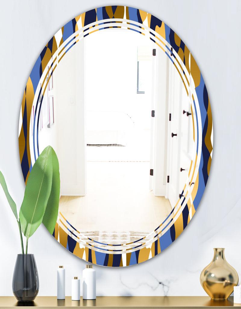 DesignQ Retro Luxury Waves In Gold And Blue I - Modern Round Or Oval Wall Mirror - Triple C