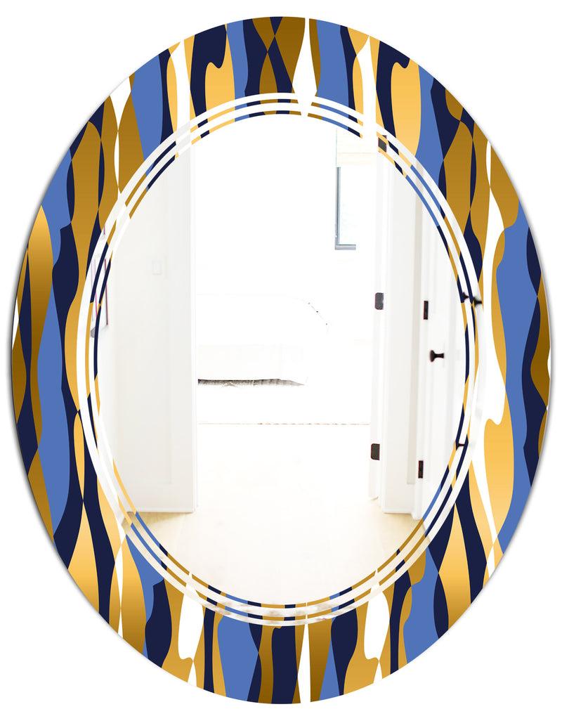DesignQ Retro Luxury Waves In Gold And Blue I - Modern Round Or Oval Wall Mirror - Triple C