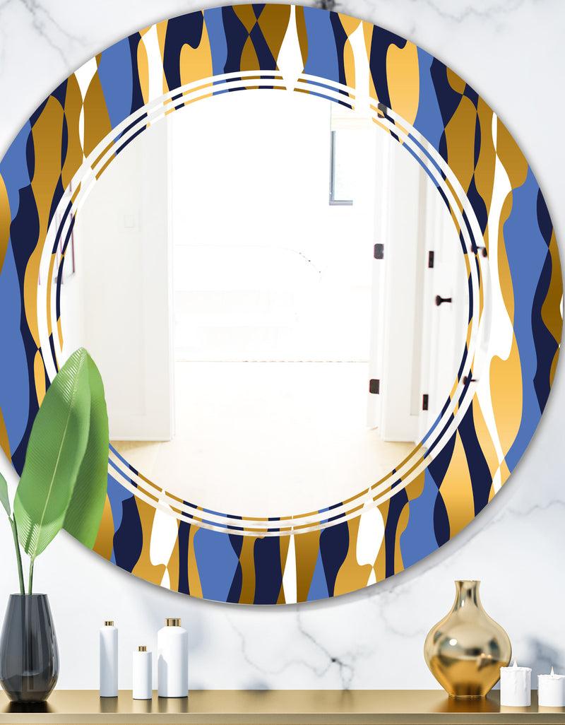 DesignQ Retro Luxury Waves In Gold and Blue I - Modern Round or Oval Wall Mirror - Triple C
