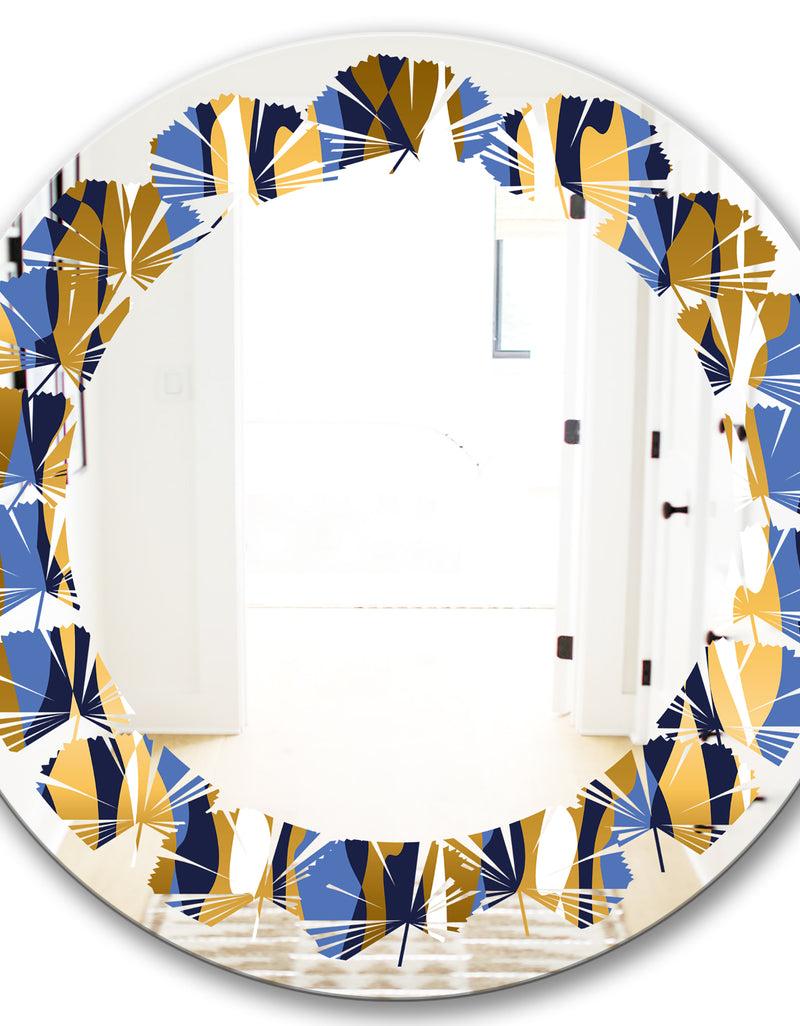 DesignQ Retro Luxury Waves In Gold And Blue I - Modern Round Or Oval Wall Mirror - Leaves