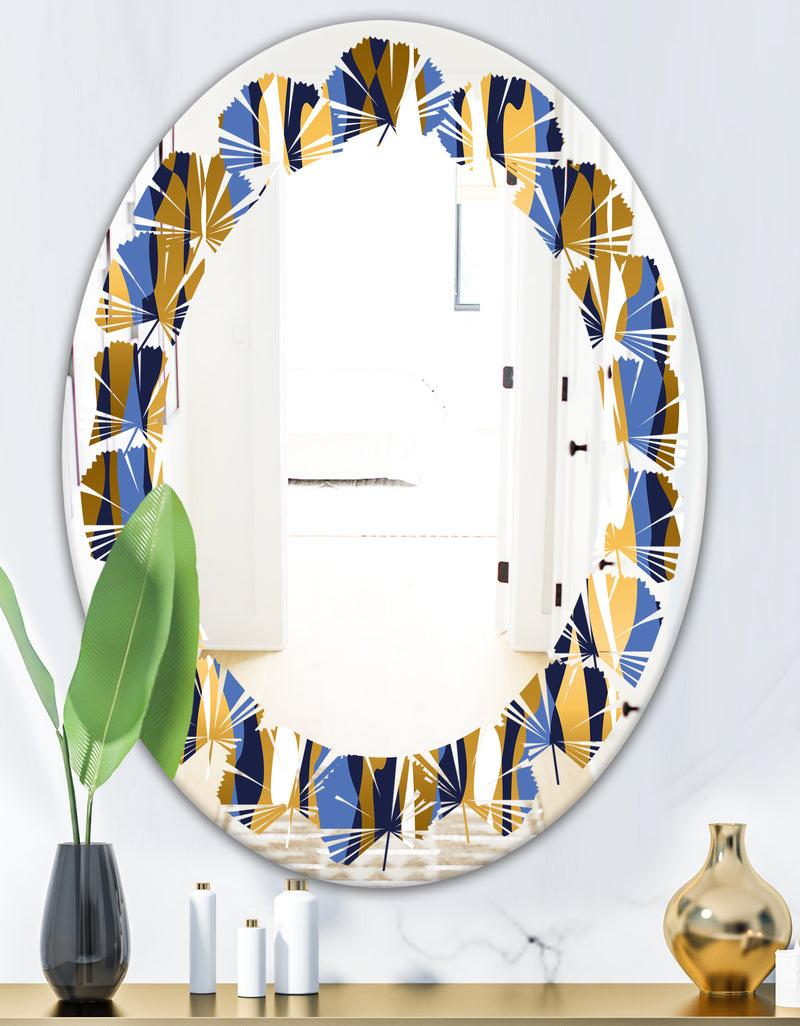 DesignQ Retro Luxury Waves In Gold And Blue I - Modern Round Or Oval Wall Mirror - Leaves