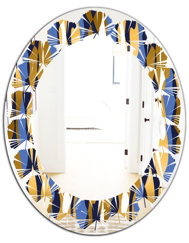 DesignQ Retro Luxury Waves In Gold And Blue I - Modern Round Or Oval Wall Mirror - Leaves