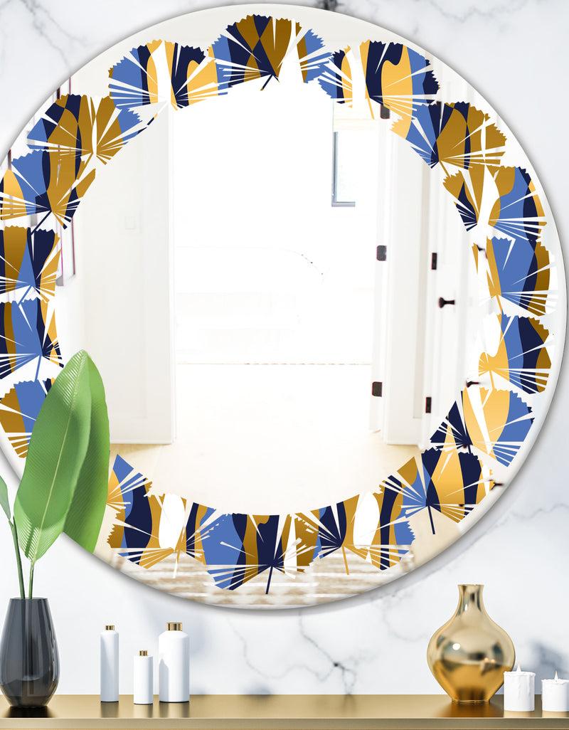 DesignQ Retro Luxury Waves In Gold and Blue I - Modern Round or Oval Wall Mirror - Leaves