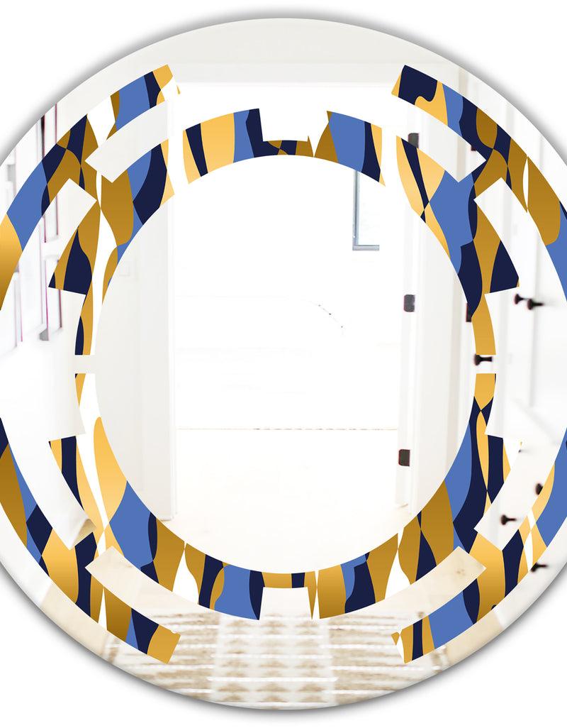 DesignQ Retro Luxury Waves In Gold And Blue I - Modern Round Or Oval Wall Mirror - Space