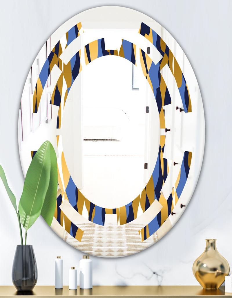 DesignQ Retro Luxury Waves In Gold And Blue I - Modern Round Or Oval Wall Mirror - Space