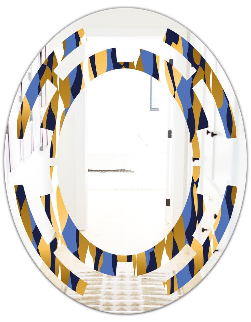 DesignQ Retro Luxury Waves In Gold And Blue I - Modern Round Or Oval Wall Mirror - Space