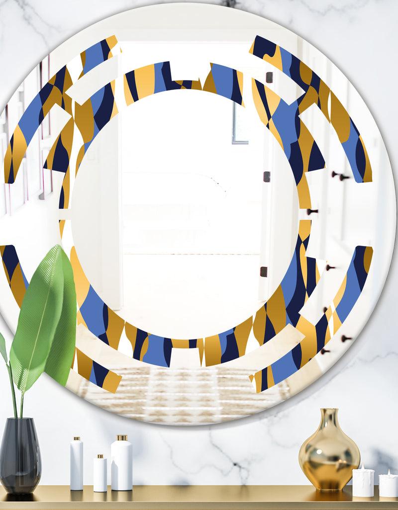 DesignQ Retro Luxury Waves In Gold and Blue I - Modern Round or Oval Wall Mirror - Space