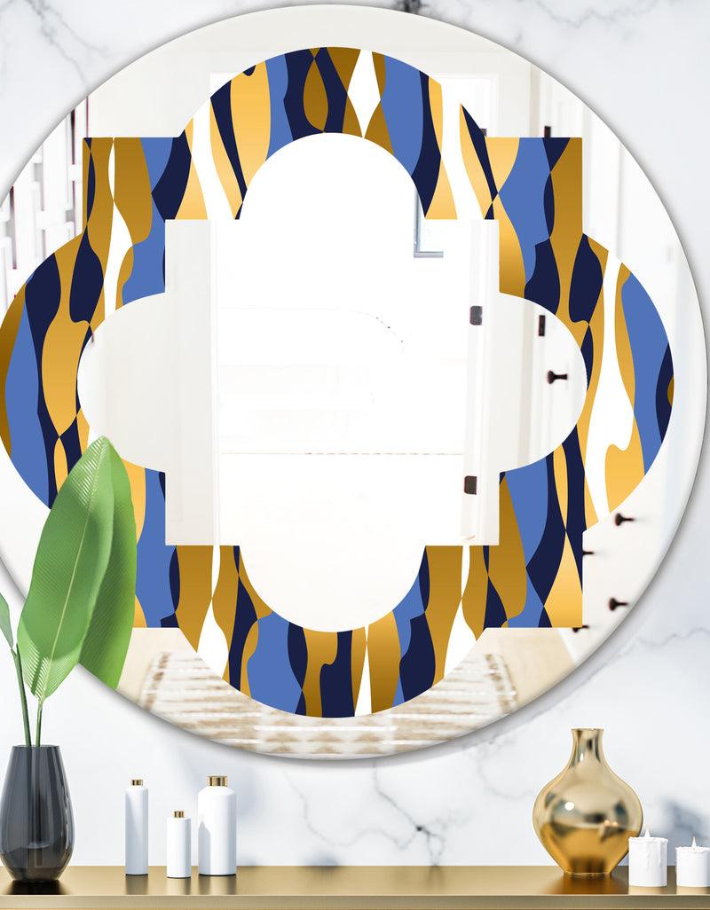 DesignQ Retro Luxury Waves In Gold and Blue I - Modern Round or Oval Wall Mirror - Quatrefoil