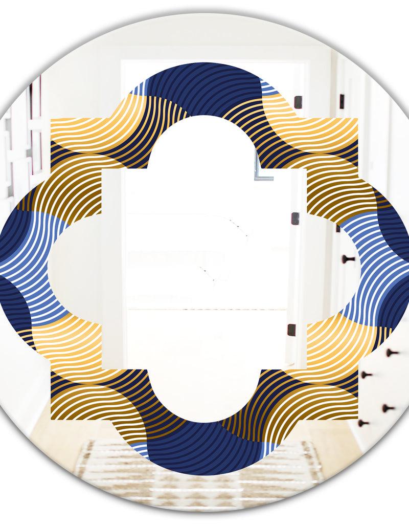 DesignQ Retro Luxury Waves In Gold And Blue II - Modern Round Or Oval Wall Mirror - Quatrefoil