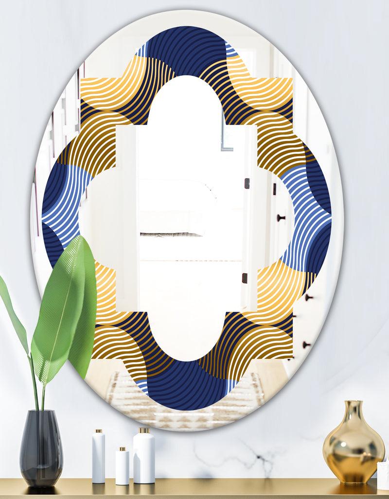 DesignQ Retro Luxury Waves In Gold And Blue II - Modern Round Or Oval Wall Mirror - Quatrefoil