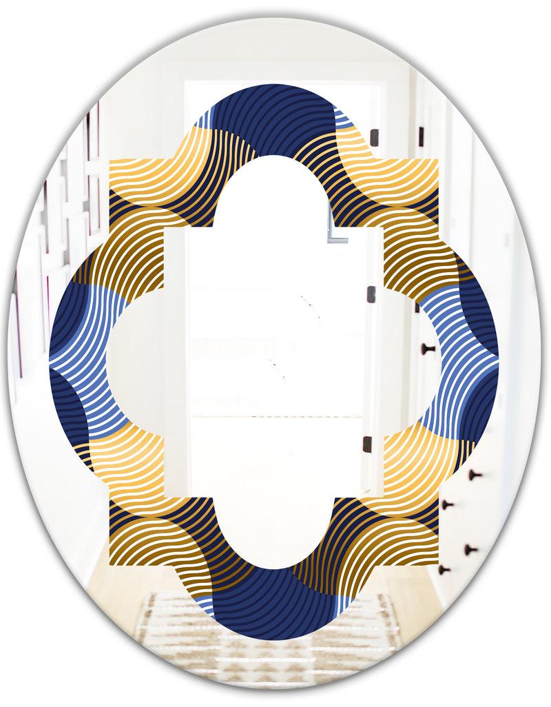 DesignQ Retro Luxury Waves In Gold And Blue II - Modern Round Or Oval Wall Mirror - Quatrefoil
