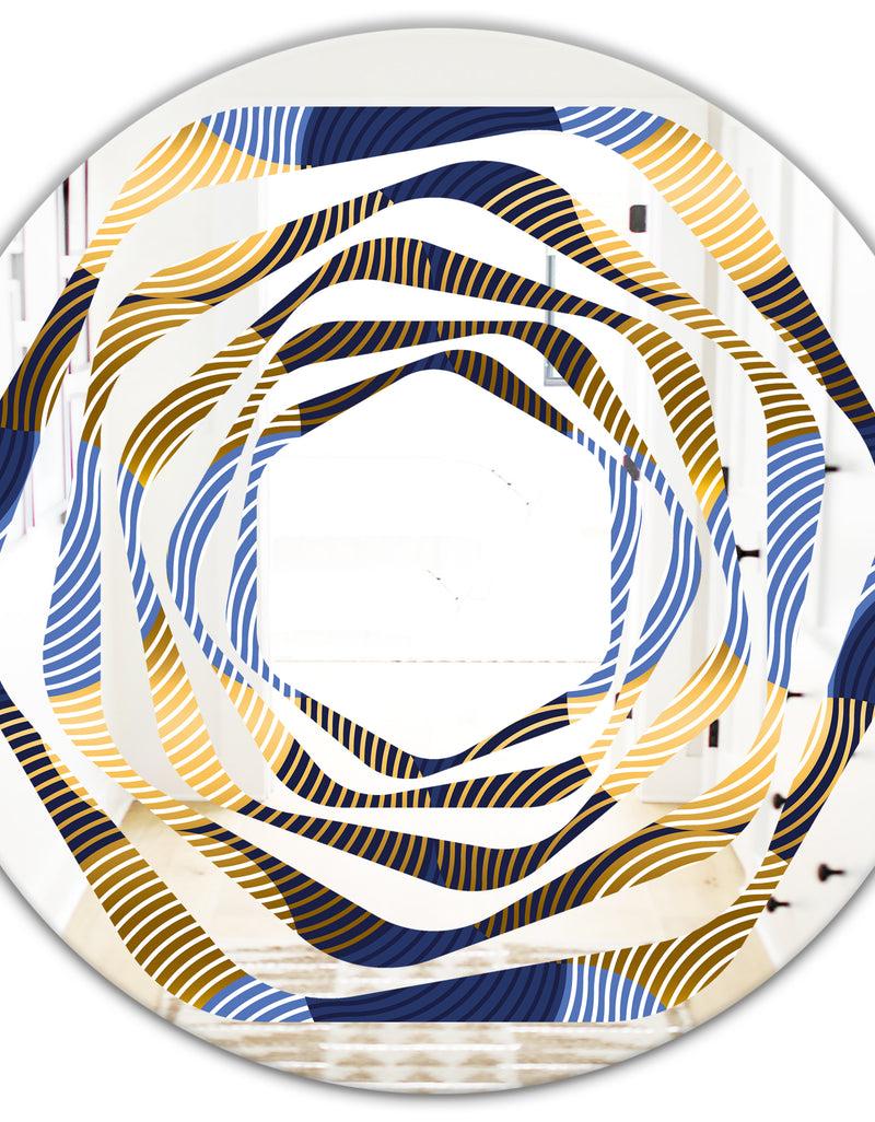 DesignQ Retro Luxury Waves In Gold And Blue II - Modern Round Or Oval Wall Mirror - Whirl