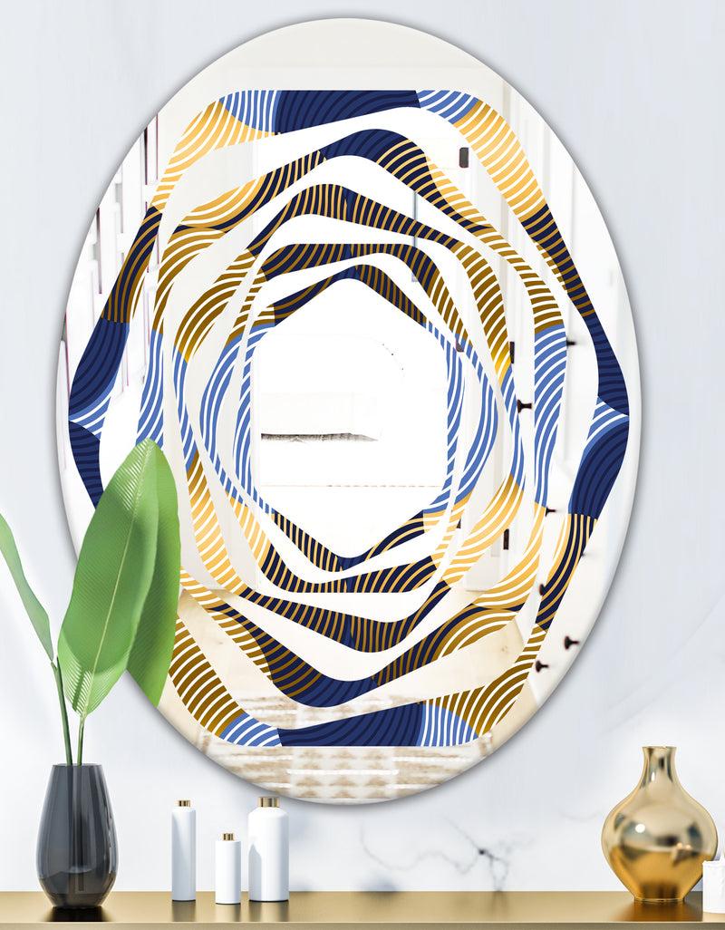 DesignQ Retro Luxury Waves In Gold And Blue II - Modern Round Or Oval Wall Mirror - Whirl