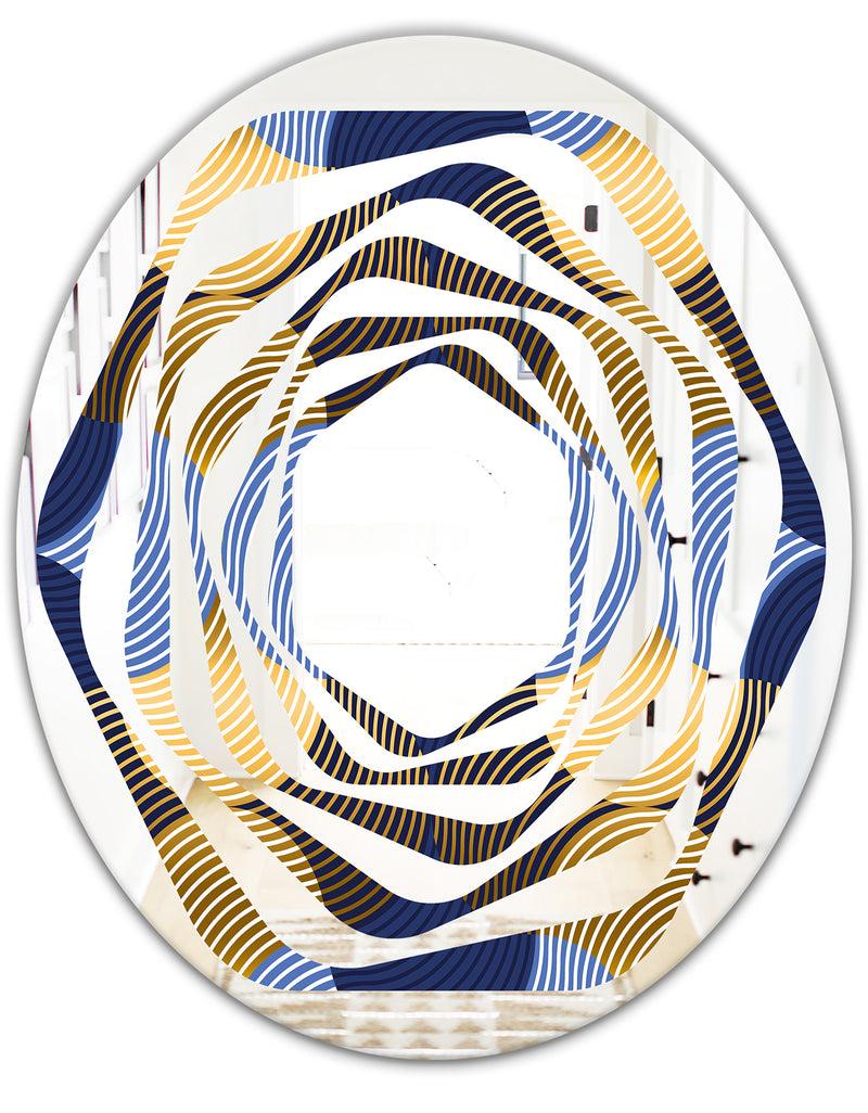 DesignQ Retro Luxury Waves In Gold And Blue II - Modern Round Or Oval Wall Mirror - Whirl