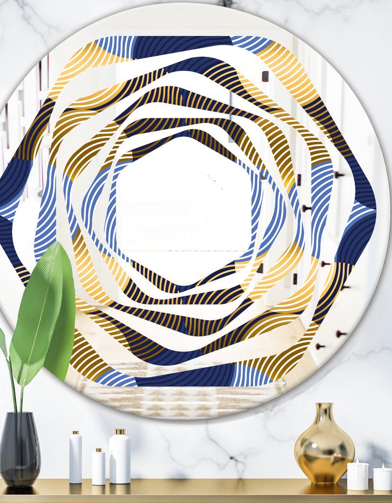 DesignQ Retro Luxury Waves In Gold and Blue II - Modern Round or Oval Wall Mirror - Whirl