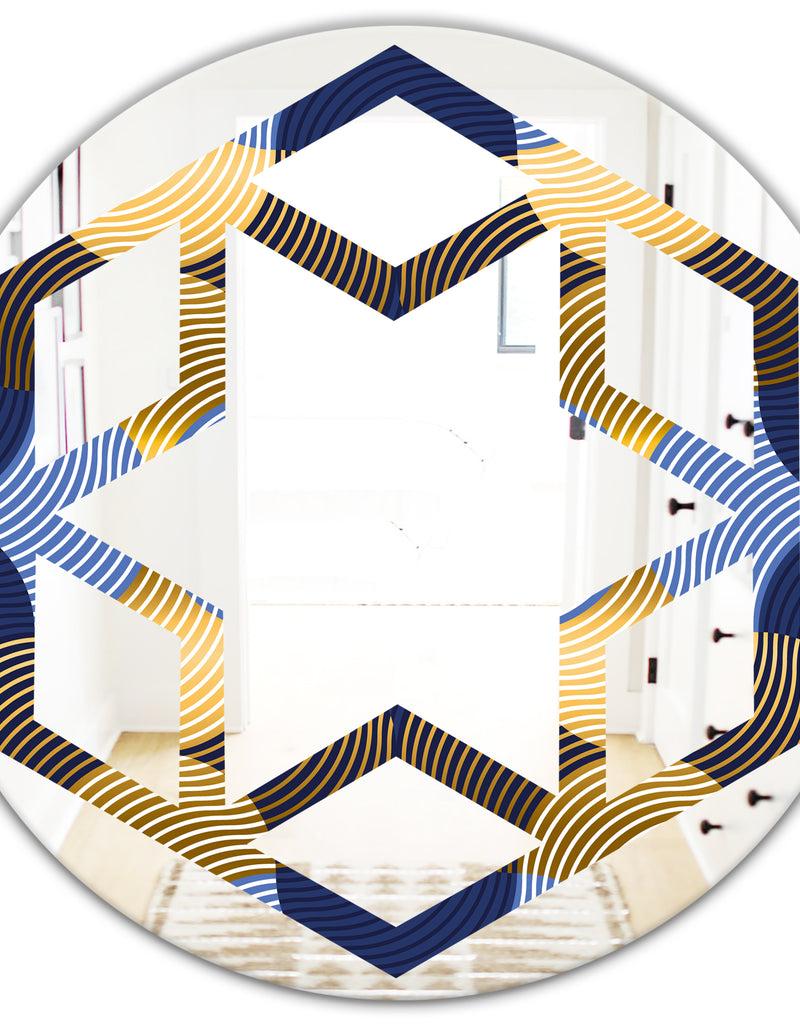 DesignQ Retro Luxury Waves In Gold And Blue II - Modern Round Or Oval Wall Mirror - Hexagon Star