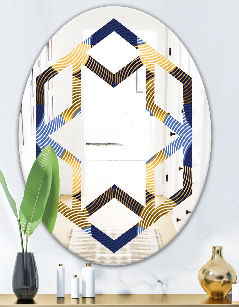 DesignQ Retro Luxury Waves In Gold And Blue II - Modern Round Or Oval Wall Mirror - Hexagon Star