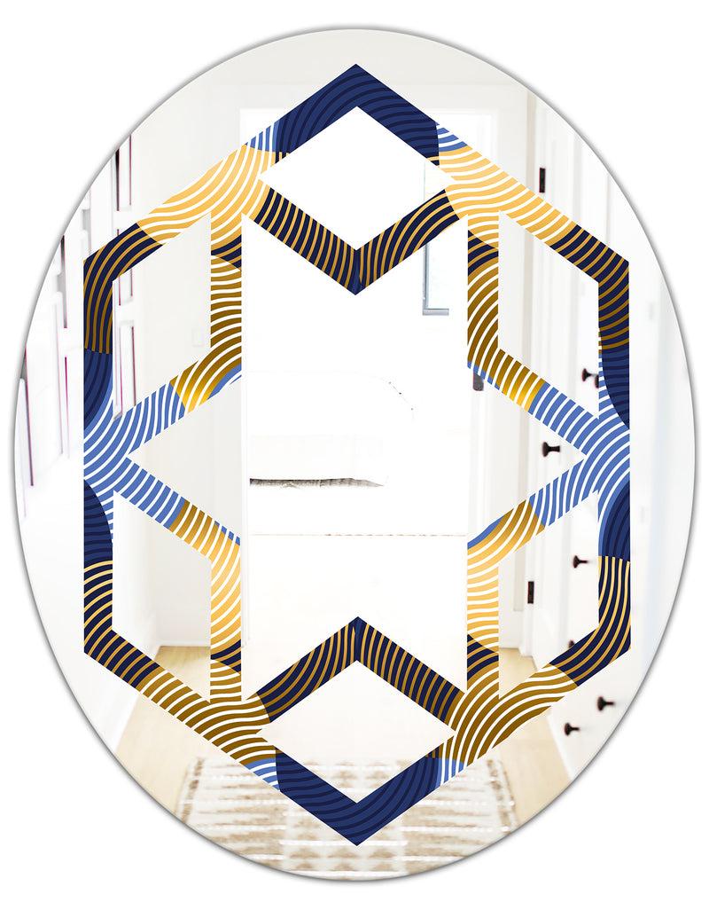 DesignQ Retro Luxury Waves In Gold And Blue II - Modern Round Or Oval Wall Mirror - Hexagon Star