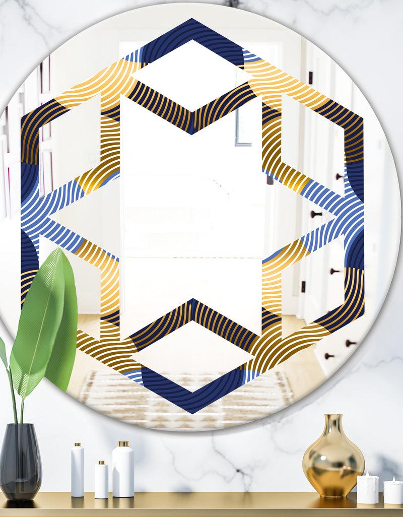 DesignQ Retro Luxury Waves In Gold and Blue II - Modern Round or Oval Wall Mirror - Hexagon Star