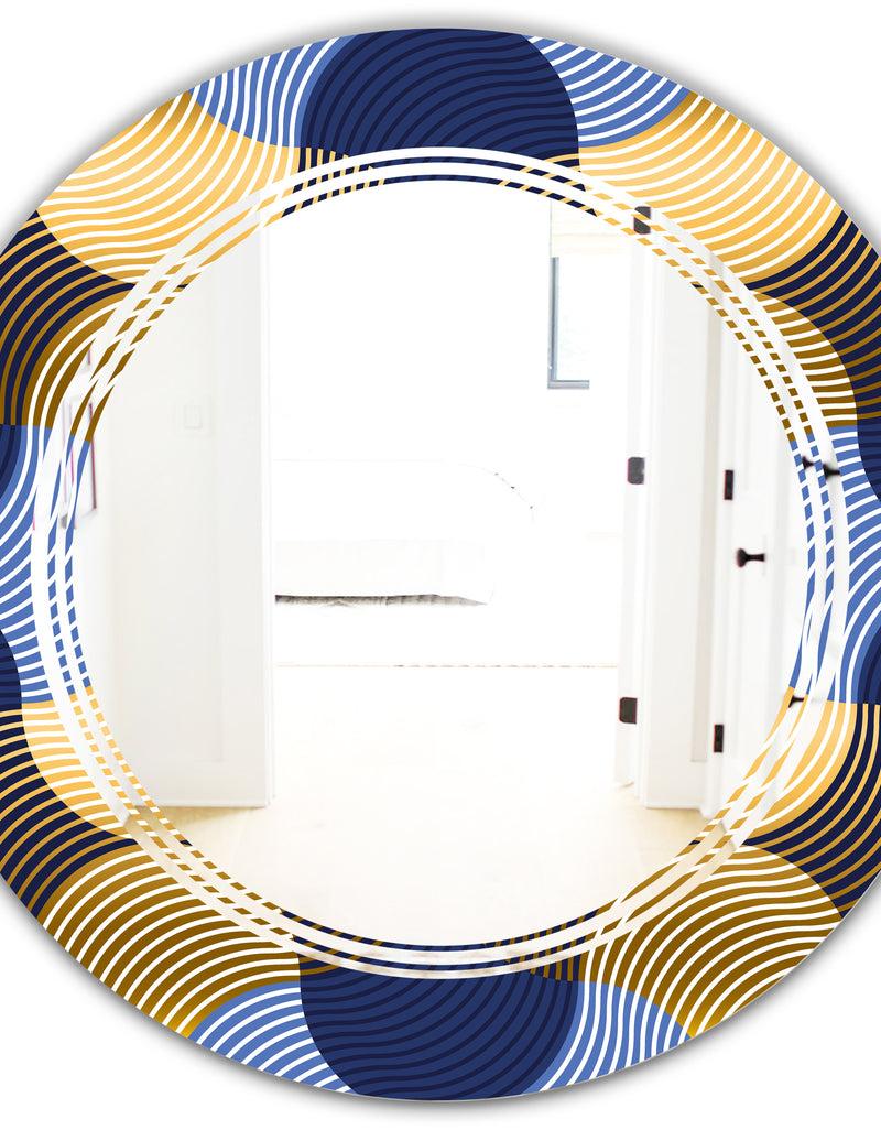 DesignQ Retro Luxury Waves In Gold And Blue II - Modern Round Or Oval Wall Mirror - Triple C