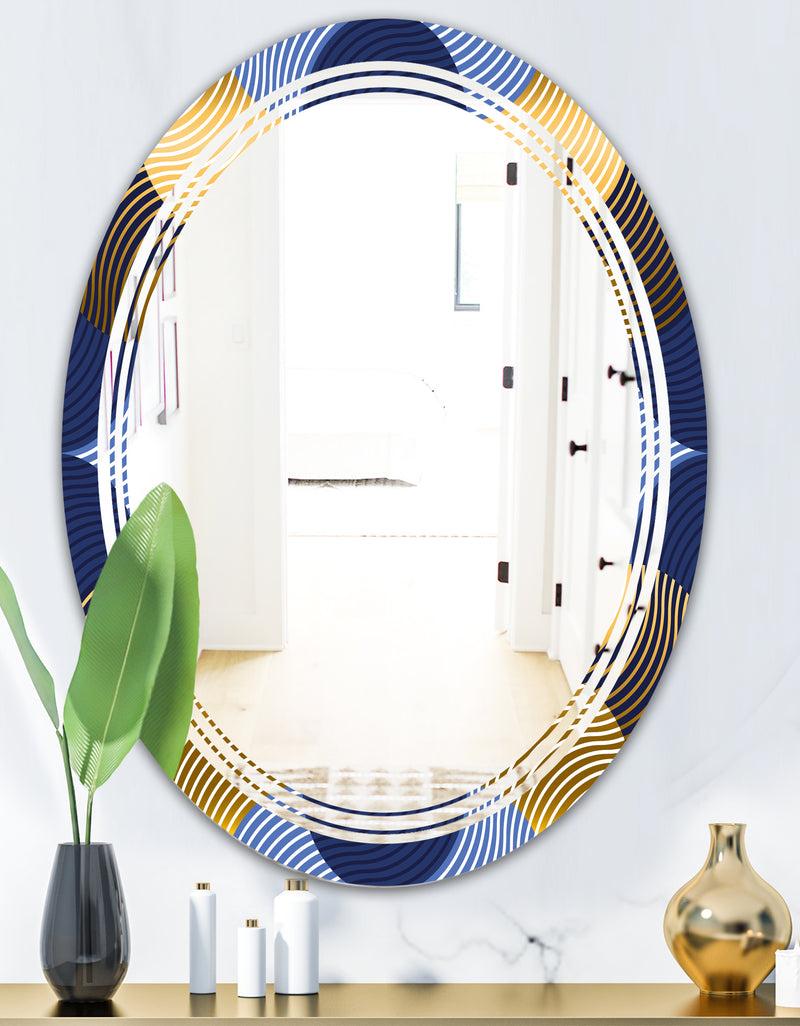 DesignQ Retro Luxury Waves In Gold And Blue II - Modern Round Or Oval Wall Mirror - Triple C
