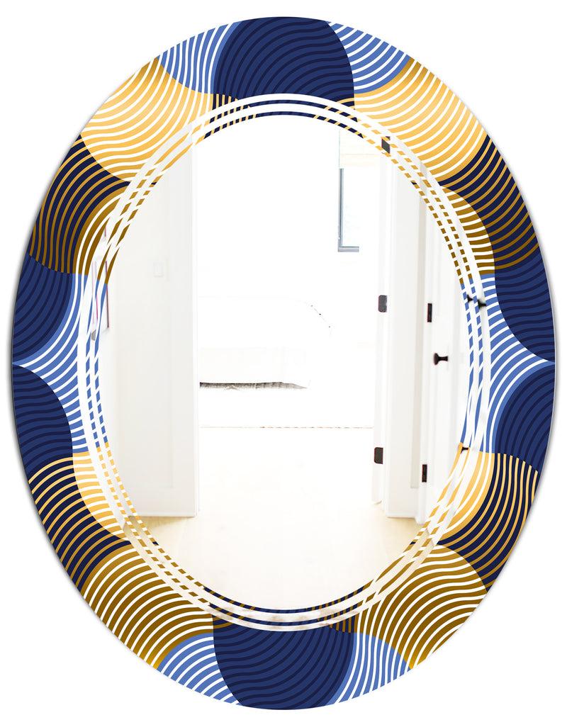 DesignQ Retro Luxury Waves In Gold And Blue II - Modern Round Or Oval Wall Mirror - Triple C