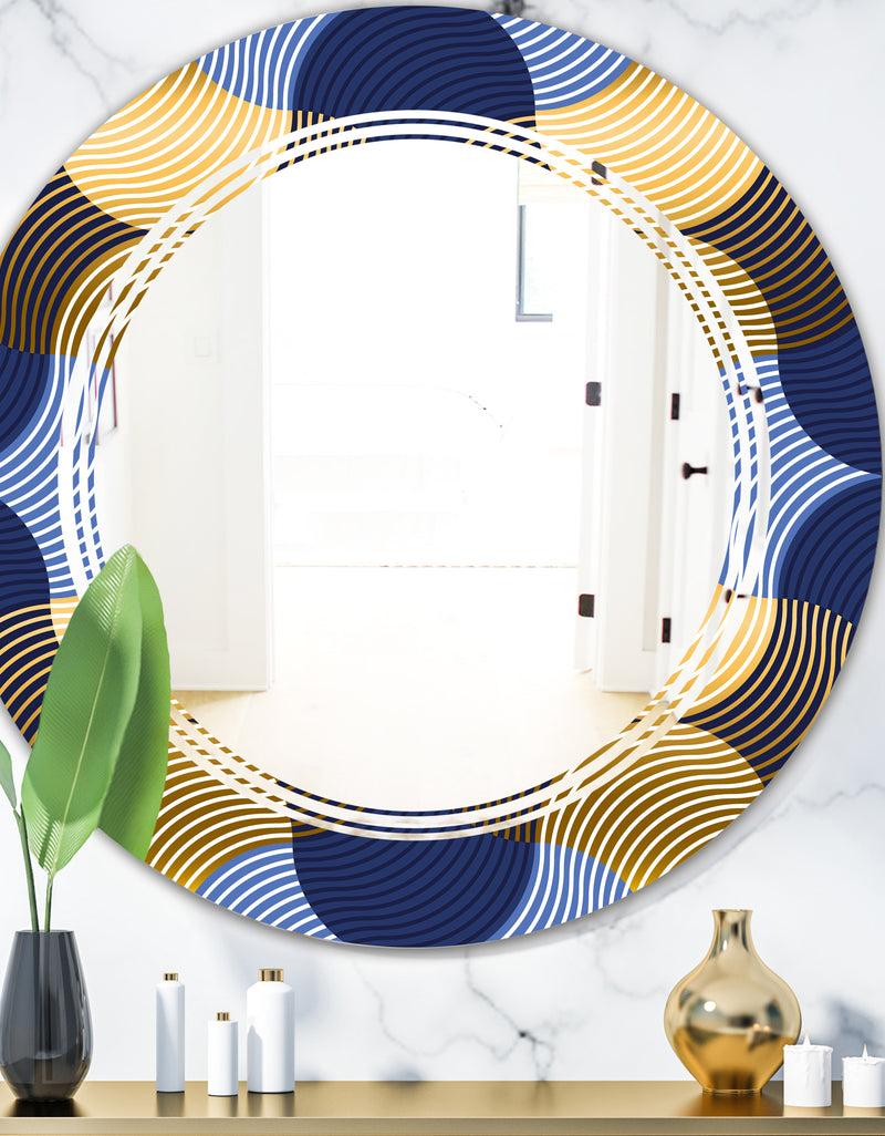 DesignQ Retro Luxury Waves In Gold and Blue II - Modern Round or Oval Wall Mirror - Triple C